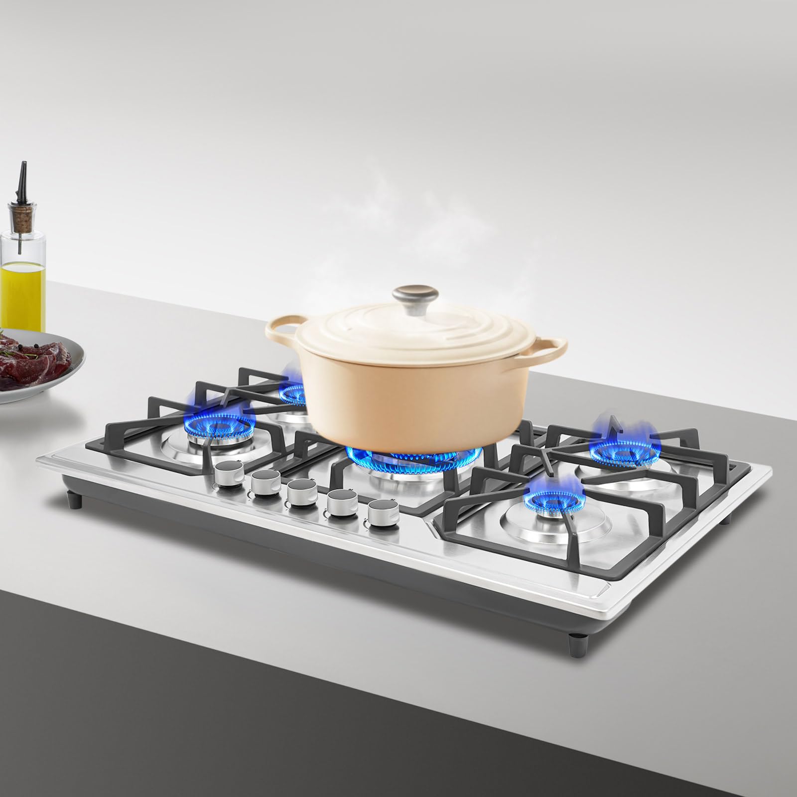Placa de cocción de gas 5 fuegos, mesa de cocción empotrable inox, encendido electrónico, doble alimentación de gas natural GLP, quemador Wok, rejillas de hierro fundido, 86 x 51 cm, plata