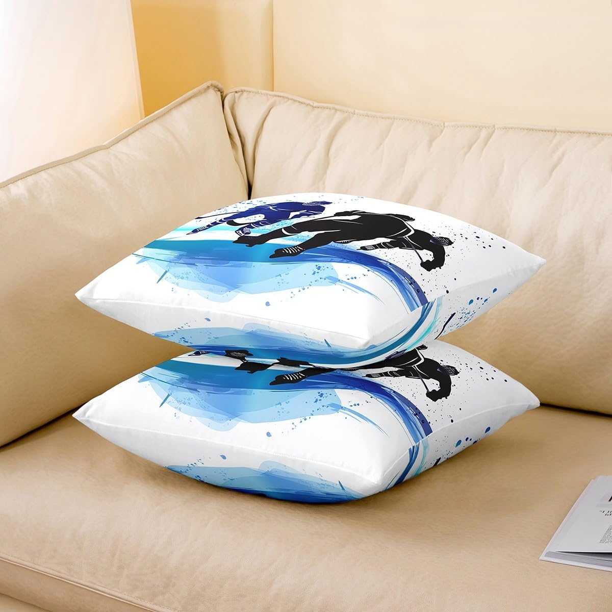 Erosebridal Ice Hockey Cushion Case 24x24 Inch Size, Winter Sports Competition Throw Pillow Cover, White Blue Tie Dye Cushion Cover, Ink Painting Style Decorative Pillow Cover