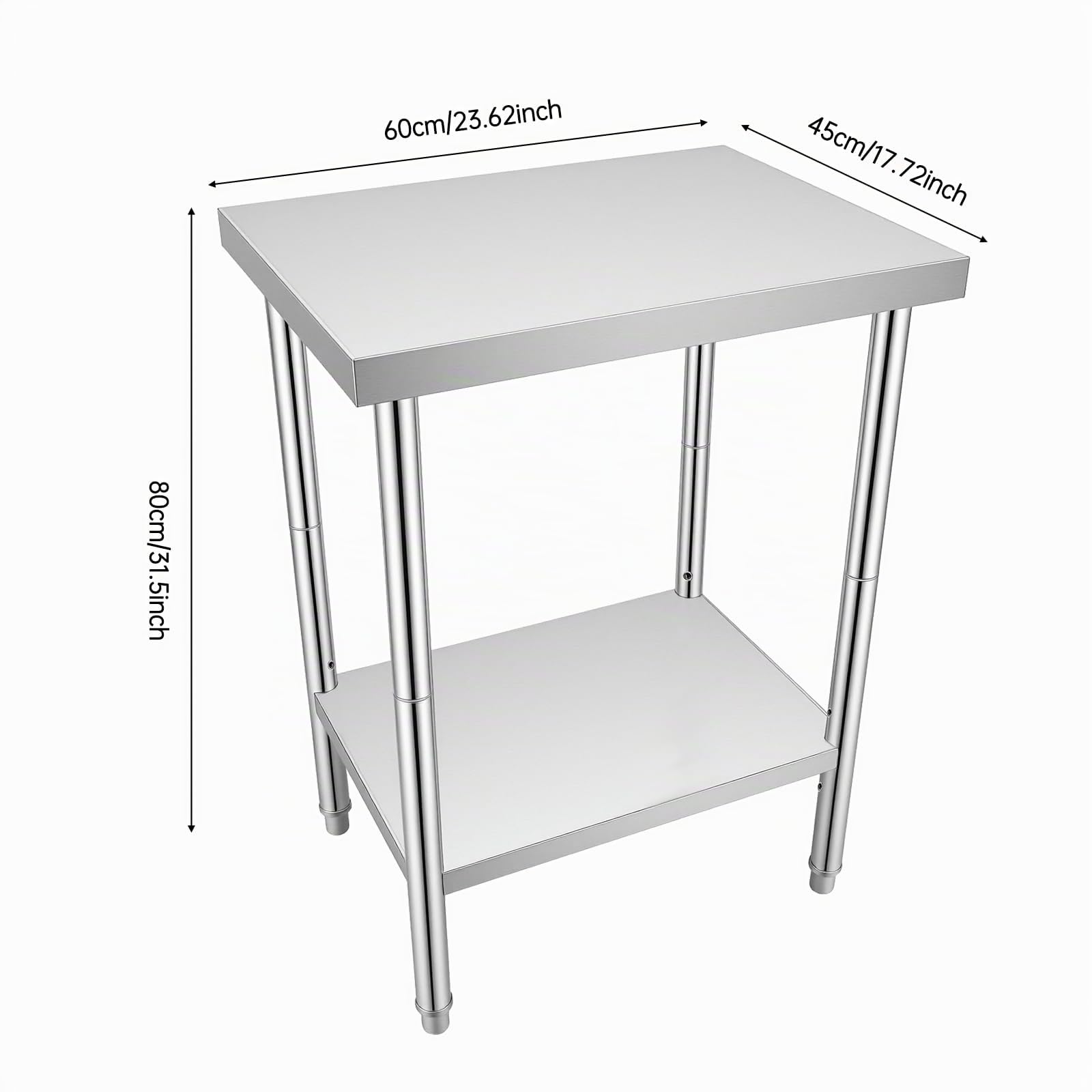 Tavolo da lavoro in acciaio inox, 60 x 45 x 80 cm, tavolo da cucina professionale, capacità di carico 400 kg, 4 gambe regolabili per ristorante, cucina, bar, hotel, garage