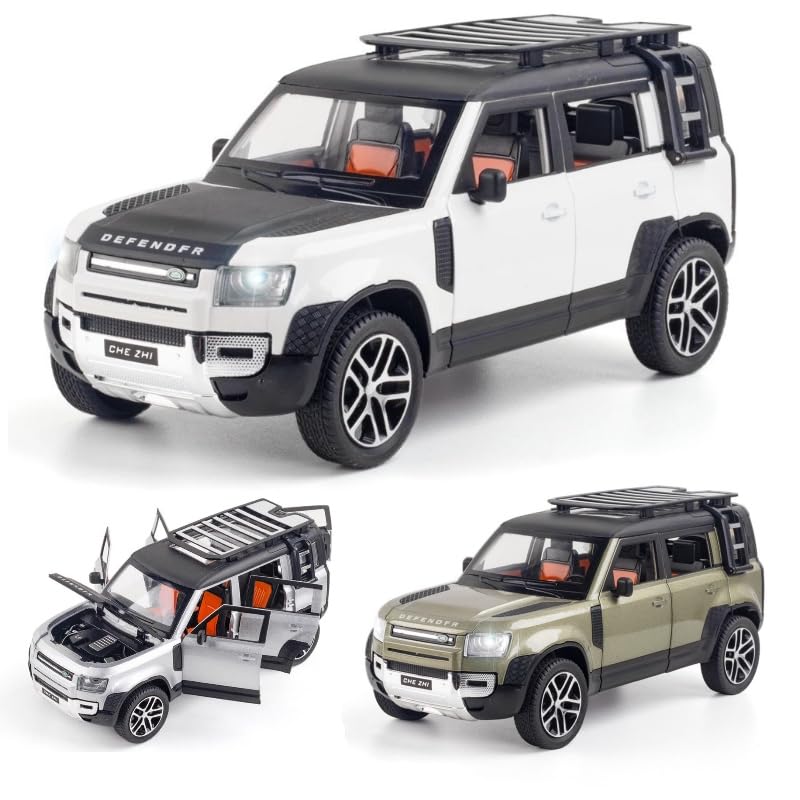 Image of PINQUE Kids New Car ‎1:24 Land Rover Defender Diecast Alloy Metal Pull Back Car with Openable Doors Music Sound and Light Vehicle Toy Car for Boys (Silver)