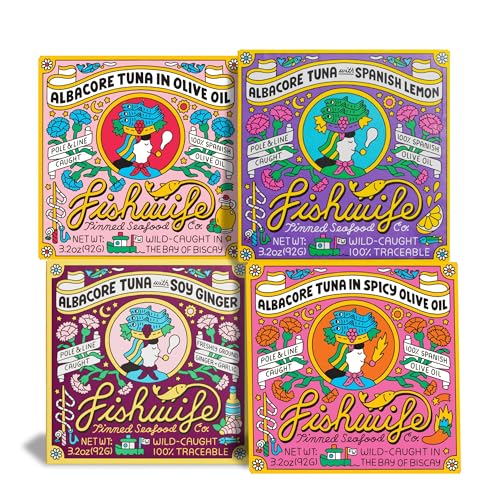 Image of Fishwife Albacore Tuna Quad 4-Pack (with Soy Ginger and Lemon, Spicy & Spanish Olive Oil) | Wild-Caught & Hand-Packed | MSC-Certified Sustainable Seafood, Gluten Free, High Protein, Omega-3s