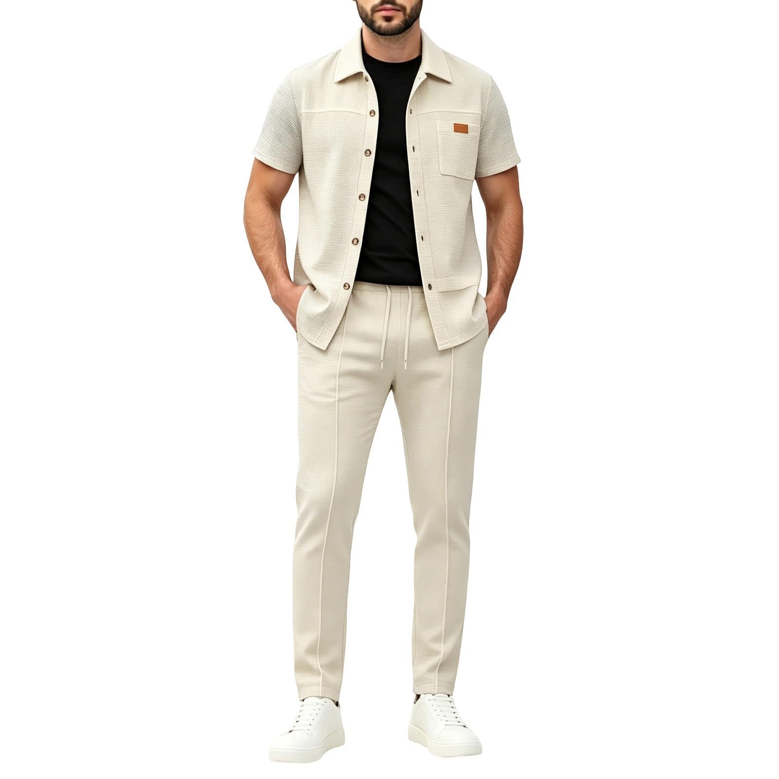 Completo Uomo Elegante Cerimonia - Tuta Uomo Completa Completo Casual in Maglia Composto Giacca E Pantaloni in Tinta Unita con Tasche Applicate E Colletto Reversibile Ideale per Un Moderno (Khaki L)