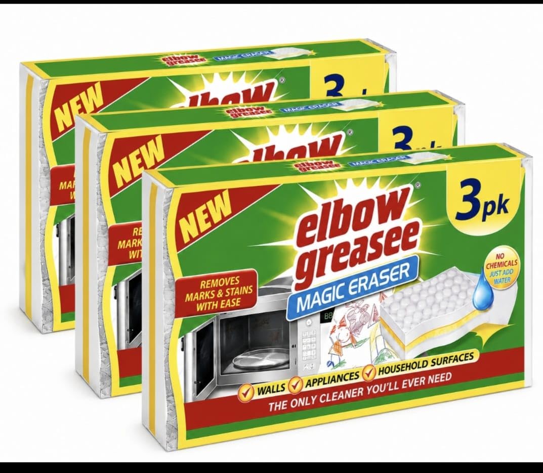 Elbow Grease Magic Eraser Sponges 3 Pack (3 x 3pk) | Melamine Cleaning Sponge | Removes Marks, Scuffs, Grease & Stains | Just Add Water | Multi-Surface Cleaner for Walls, Doors, Appliances & Floors