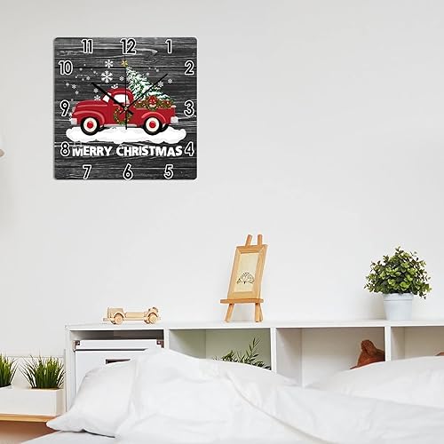 Miniatura 6 de Reloj de pared colgante de camión rojo con árbol de Navidad, reloj de PVC de bienvenida para invierno, reloj de pared de Navidad, funciona con