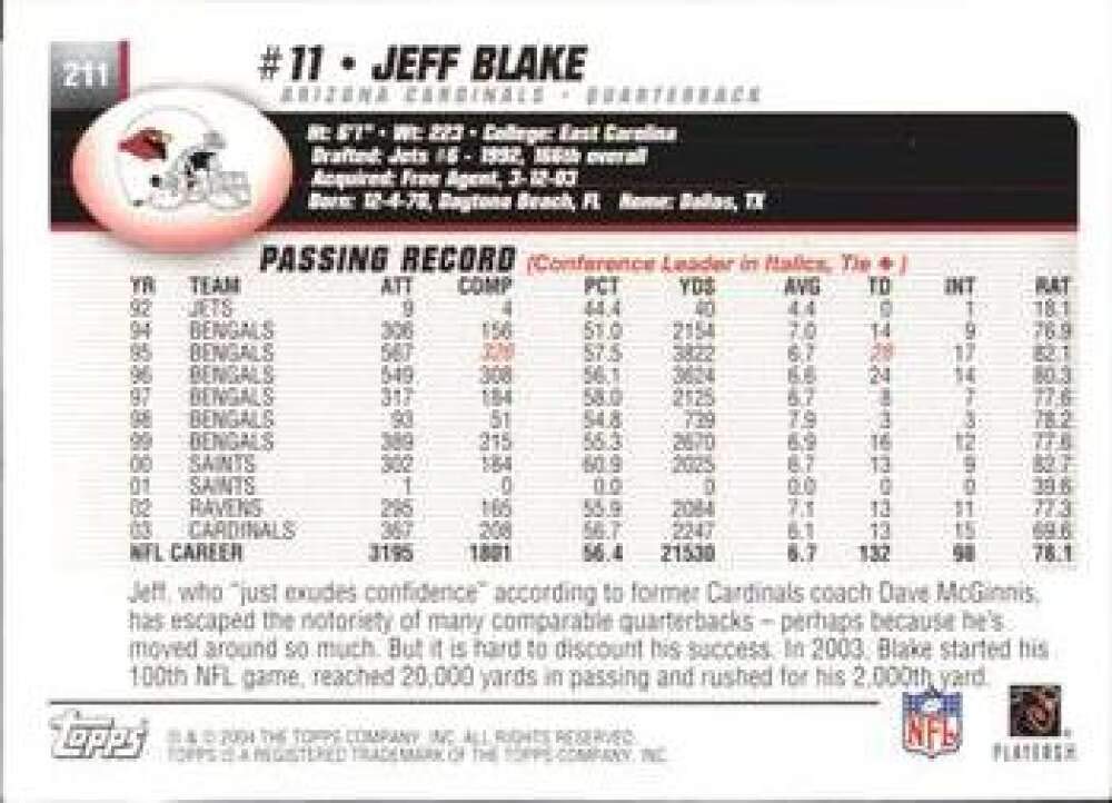 Amazon.com: 2004 Topps Football #211 Jeff Blake Arizona Cardinals