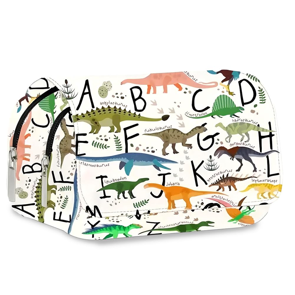 MOPQMKT Dinosaur Pencil Case for Kids, Cartoon Double-Layer Flip Pencil Bag, Multi-Functional Stationery Case Ideal for School Ages, Comfortable and Versatile School Office Gifts