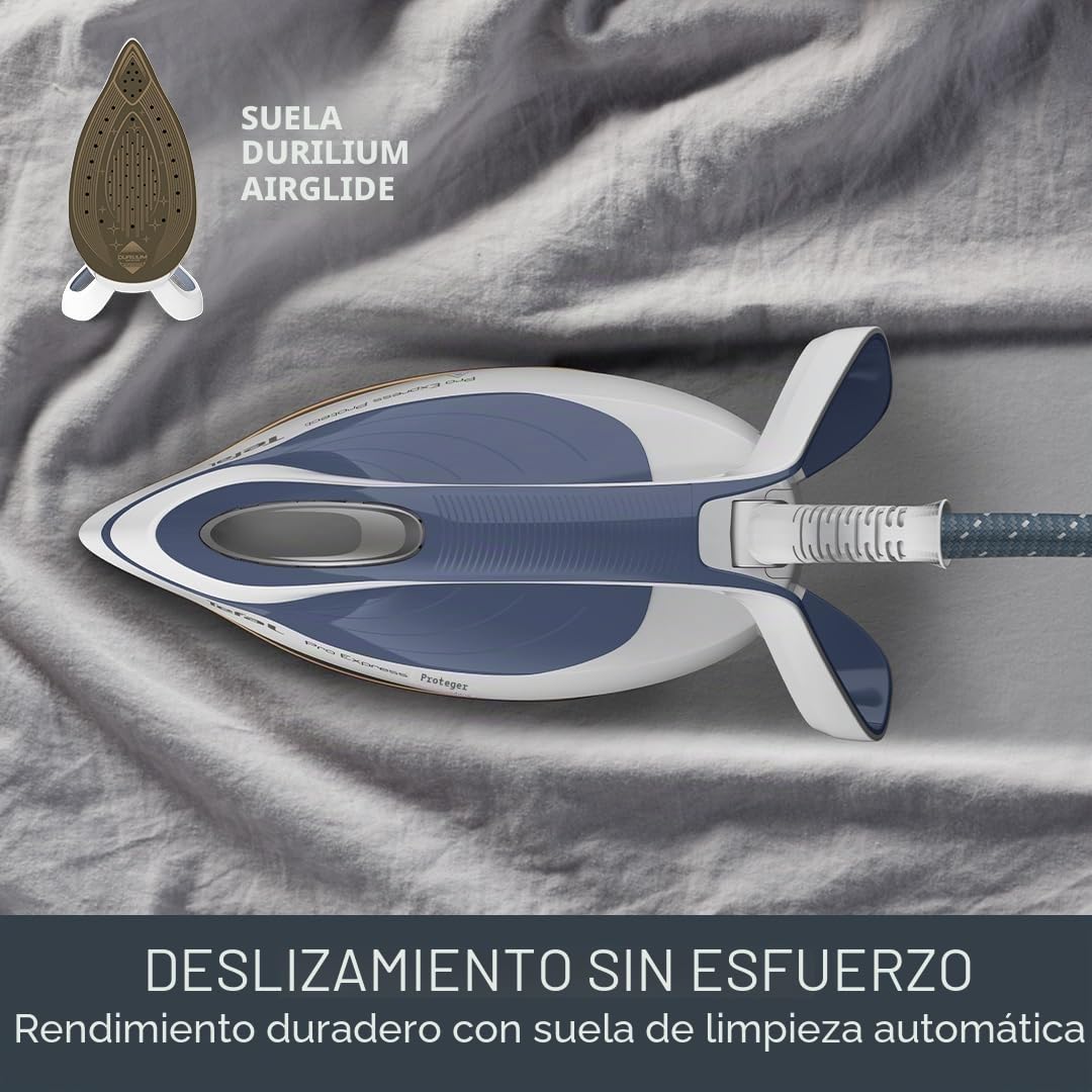 Tefal ProExpress Protect - Plancha para generador de vapor, 7.5 bar de alta presión, 560 g/min de vapor, salida de vapor de 135 g/min, tecnología sin ajuste, protección antigoteo, 1.8 L, azul y blanco