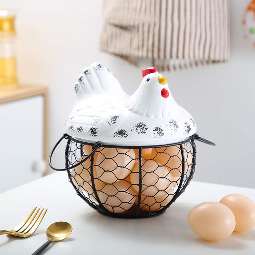 Cesta de huevos en forma de pollo con acabado cromado de alambre para almacenamiento de huevos, soporte de cesta de organización estilo granja para huevos con capacidad para hasta 15 huevos