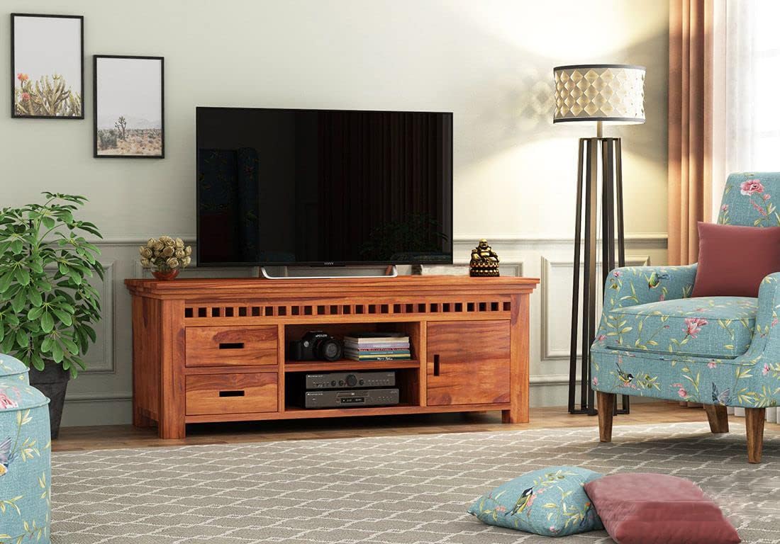 Solid Sheesham Wood Tv Unit | TV Stand | TV Cabinet with Open & Close Storage for Living Room and Hotel Furniture (Teak1)-image-9