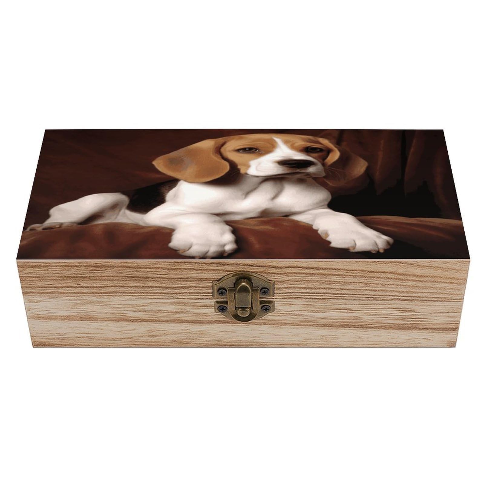 JTREHY Ovely Pet Dog Beagle Wooden Keepsake Box Vintage-Style Wood Keepsake Case with Hinged Lid Solid Wood Boxes Beautifully Memory Treasure Case Vintage-Style Wooden Storage Box