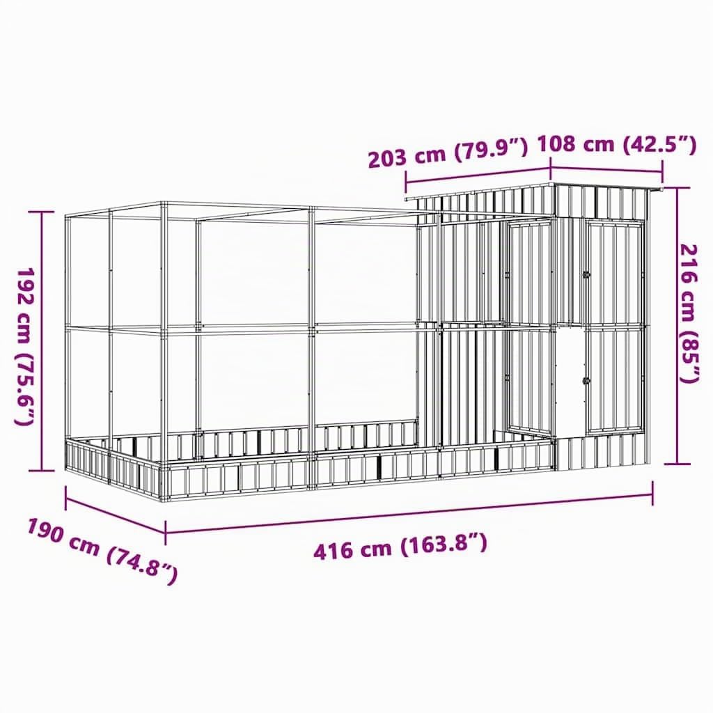vidaXL Voliera con Estensione Argento 416x203x216 cm Acciaio