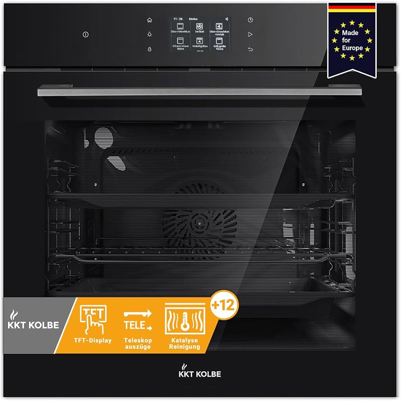 KKT KOLBE Einbaubackofen 60cm | Soft-Close Tür TFT-Touch-Display 72L schwarz Glas Edelstahl | Pizzafunktion Grill Umluft Heißluft | Timer Katalyse Teleskopvollauszüge Wärmeschutzverglasung | EB8017TFT