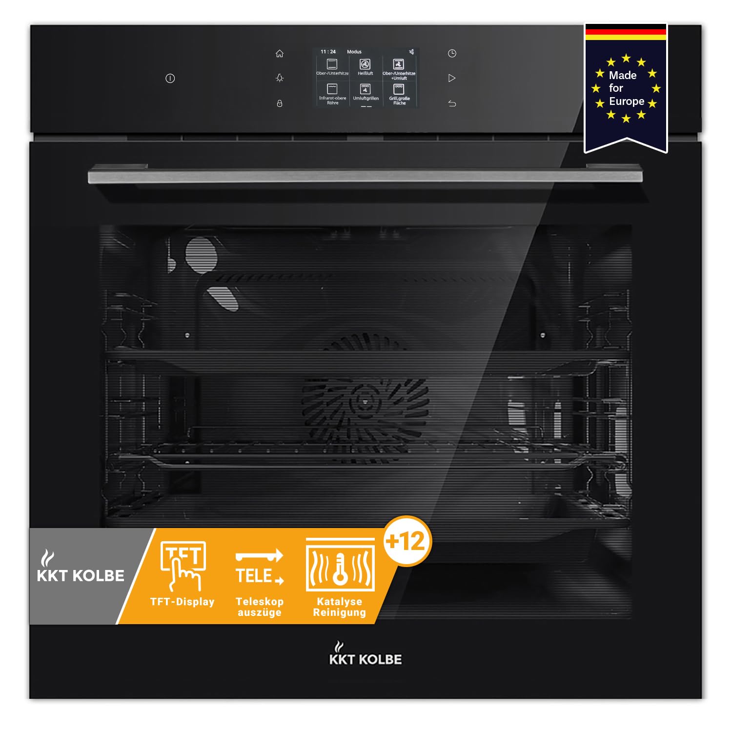 KKT KOLBE Einbaubackofen 60cm | Soft-Close Tür TFT-Touch-Display 72L schwarz Glas Edelstahl | Pizzafunktion Grill Umluft Heißluft | Timer Katalyse Teleskopvollauszüge Wärmeschutzverglasung | EB8017TFT
