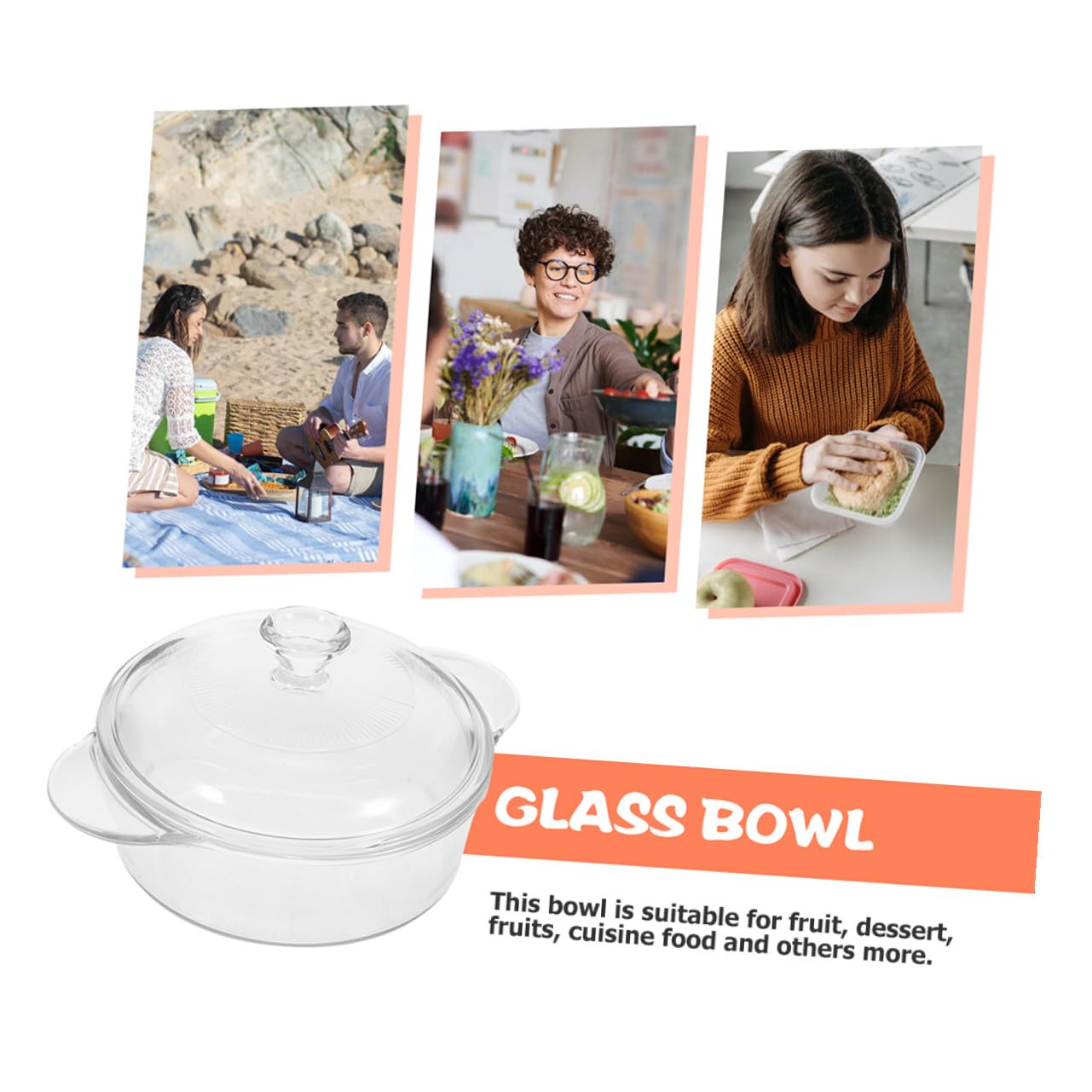 Bol de Vidrio Resistente Tapa Hermética para Servir Ensaladas y Postres, Adecuado para Uso Doméstico y Fiestas, Transparente y Reutilizable