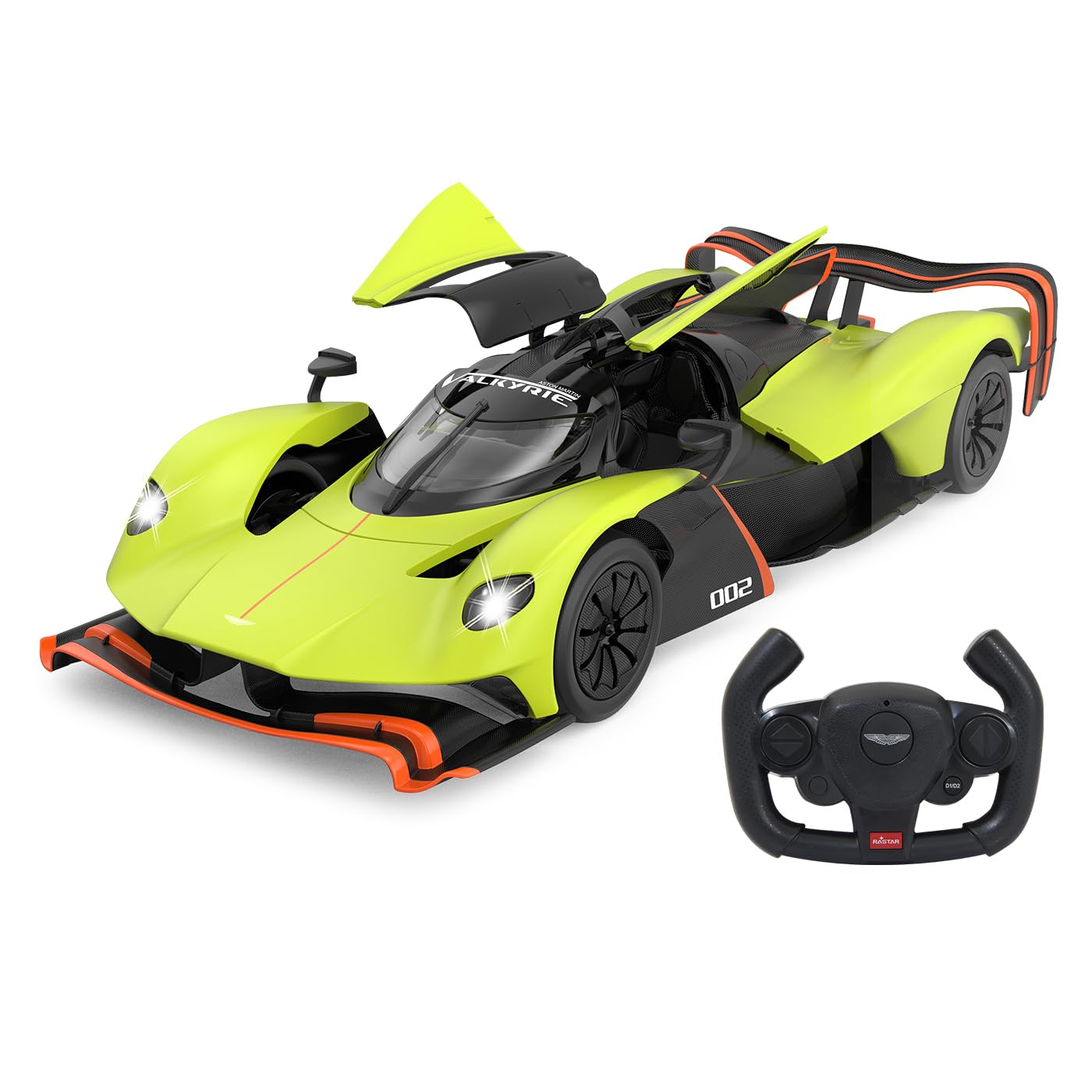 JAMARA Aston Martin Valkyrie AMR Pro 1:14 zielone drzwi 2,4 GHz ręczne – oficjalnie licencjonowane, szczegółowe wnętrze, wierne lakierowanie, przezroczysta szyba przednia, światło LED, samochód RC