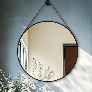 Comprar Espejo Redondo con Correa de Polipiel, Espejos Decorativo Pared Moderno Minimalista, Espejo Entrada Recibidor para Baño, Comedor, Salón o Recibidor, 80x80cm, Negro