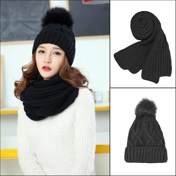 Warm Scarf Beanie Hat Set Knitted 