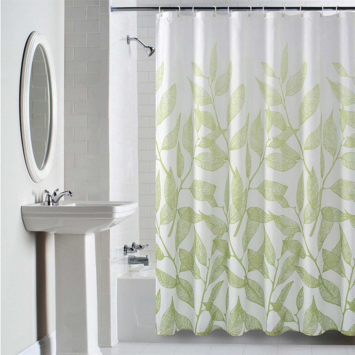 Lkw Ogechi Cortina de Ducha Blanco Poliéster Lavable Ramas Verde, Cortina de Baño de Alta Resistencia Ramas Verde Estampado, Cortina de Ducha Impermeable Resistente al Moho con Ramas Verde (240x200cm)