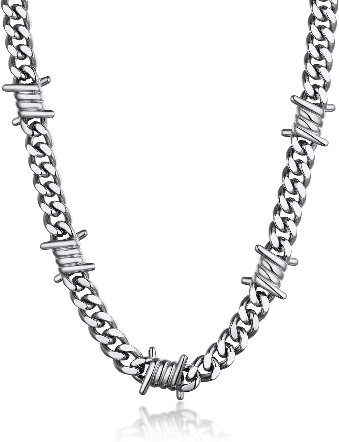 Barbed Wire Cuban Chain Necklace for Women Men Stainless Steel/Black Thorns Choker Necklaces 16 Inch-22 Inch Punk Emo Chains Jewelry -Gift Packed
