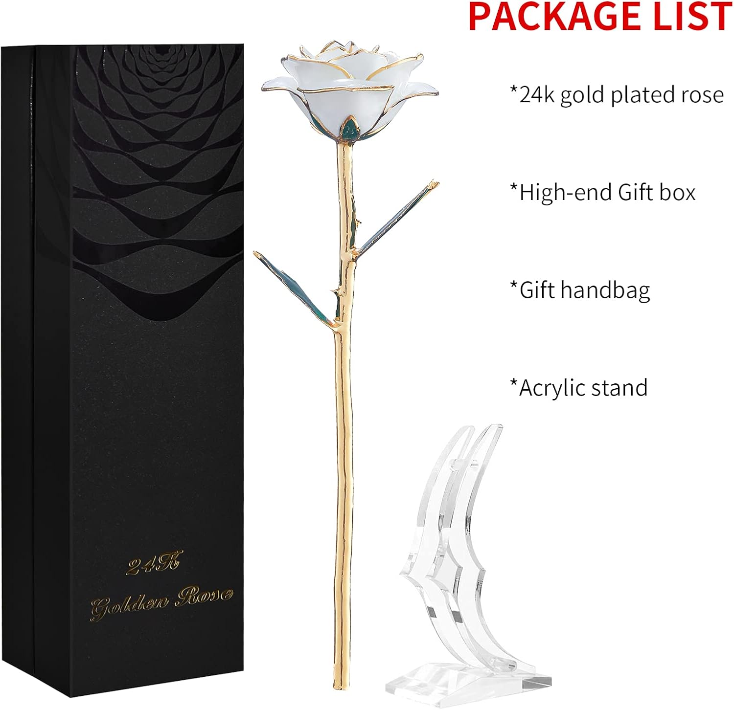 SW White Gold Rose Gifts for Women Wife,24k Gold Dipped Real Rose Lasted Forever with Stand for Her,Christmas,Valentines Day, Mothers Day, Birthday - Image 6