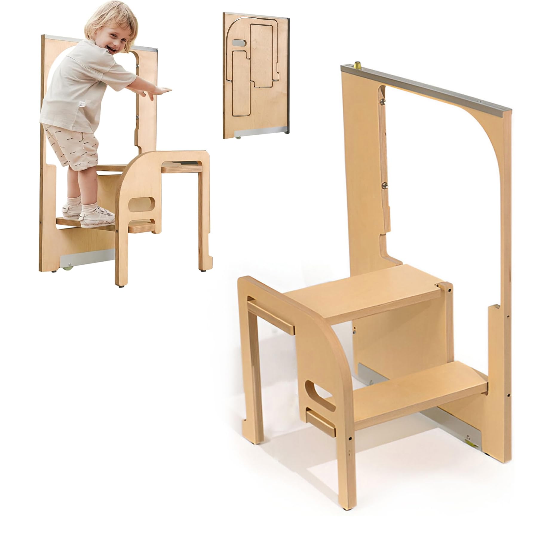 Taburete plegable de madera para niños en el baño y armarios altos de casa