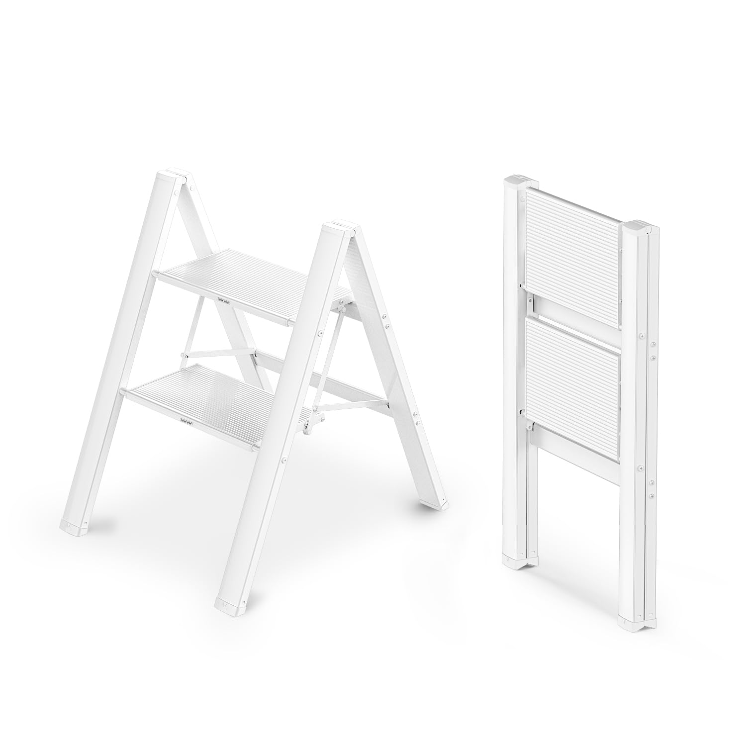 WOA WOA 2 Step Ladder, Foldable Step Stool, Aluminum Lightweight Ladder for Home Kitchen Closet, Anti-Slip Pedals, Ease of Folding, Portable, 300lbs Capacity - White