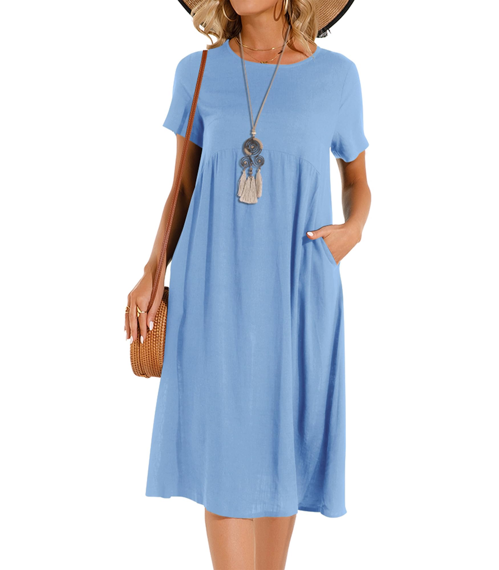 Abito estivo da donna in lino, casual, con scollo a V, a maniche corte, linea ad A, senza accessori, E blu., M