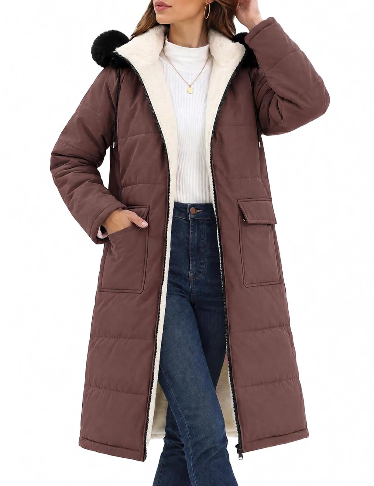HEEKPEK Wintermantel Damen Lang Winterjacke Fleece Gefüttert Warme Mantel Wasserabweisend Herbst Winter Parka Wintermäntel Outdoor Daunenmantel Winddichte Parka mit Abnehmbar Kapuze