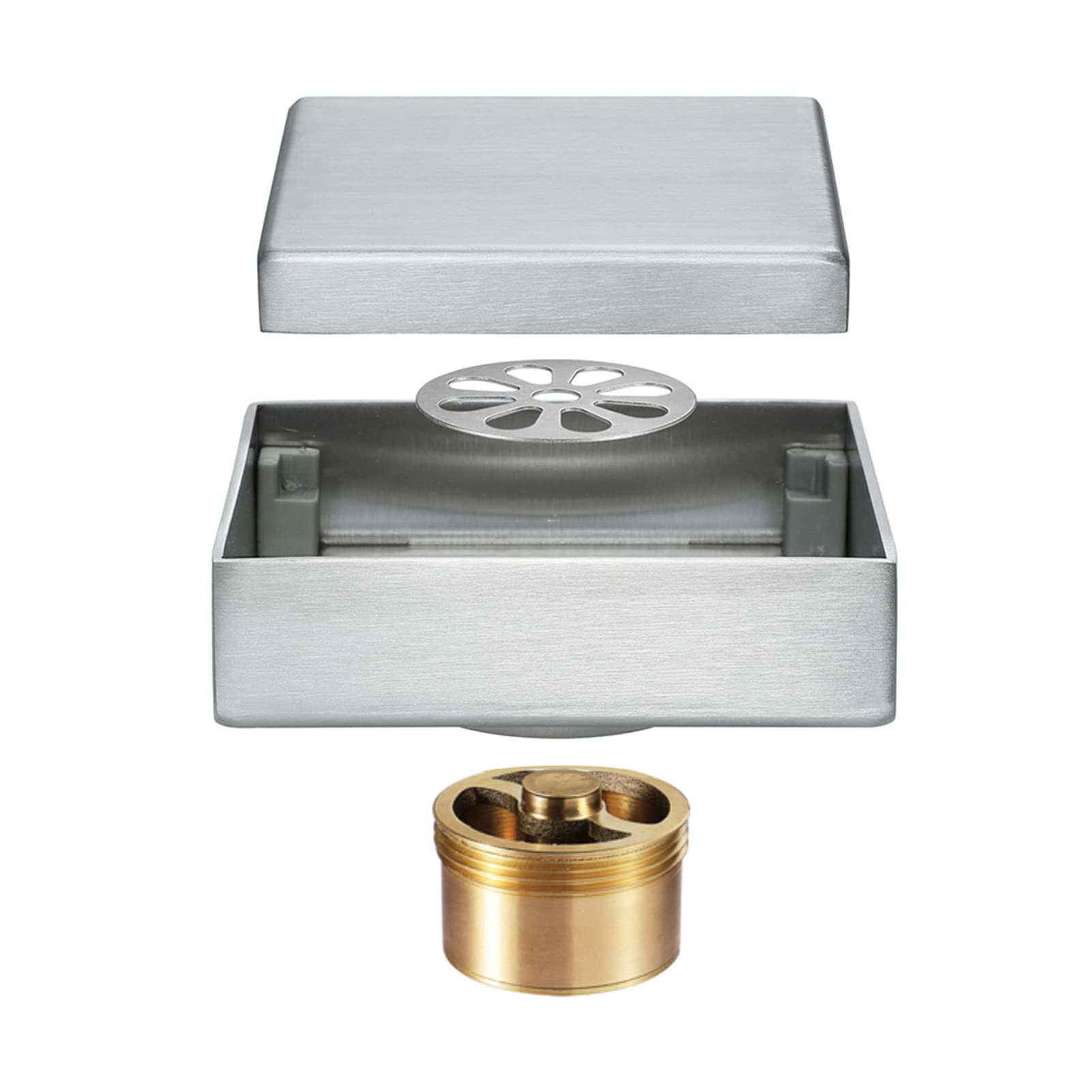 Desagüe cuadrado de acero inoxidable con recogedor de pelo para baño, cocina, garaje, 10 x 10 cm