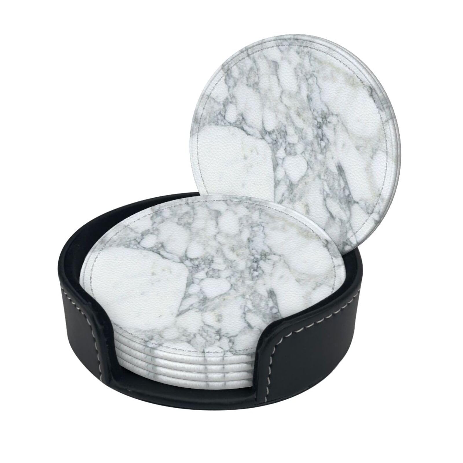 Black textured marble Drink Coasters Set of 6 with Holder Decorative Round Cup Coasters for Coffee Table Kitchen Office Bar
