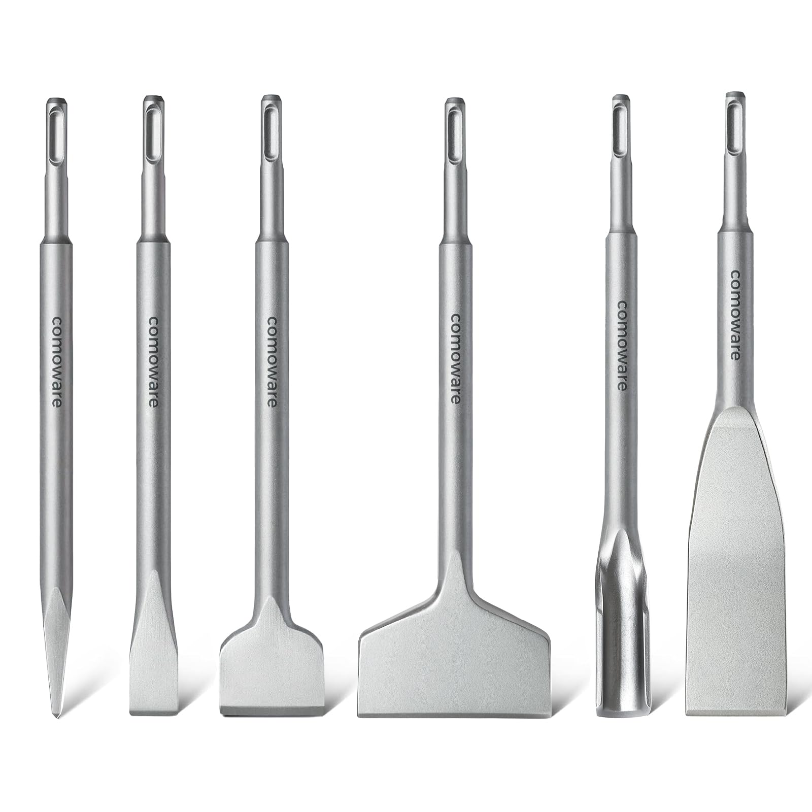 COMOWARE Chisel Set with SDS Plus Shanks, 6Pcs SDS Plus Chisels include Tile Grooving Scraping Flat Point Scaling Chisels 40Cr Steel Rotary Hammer
