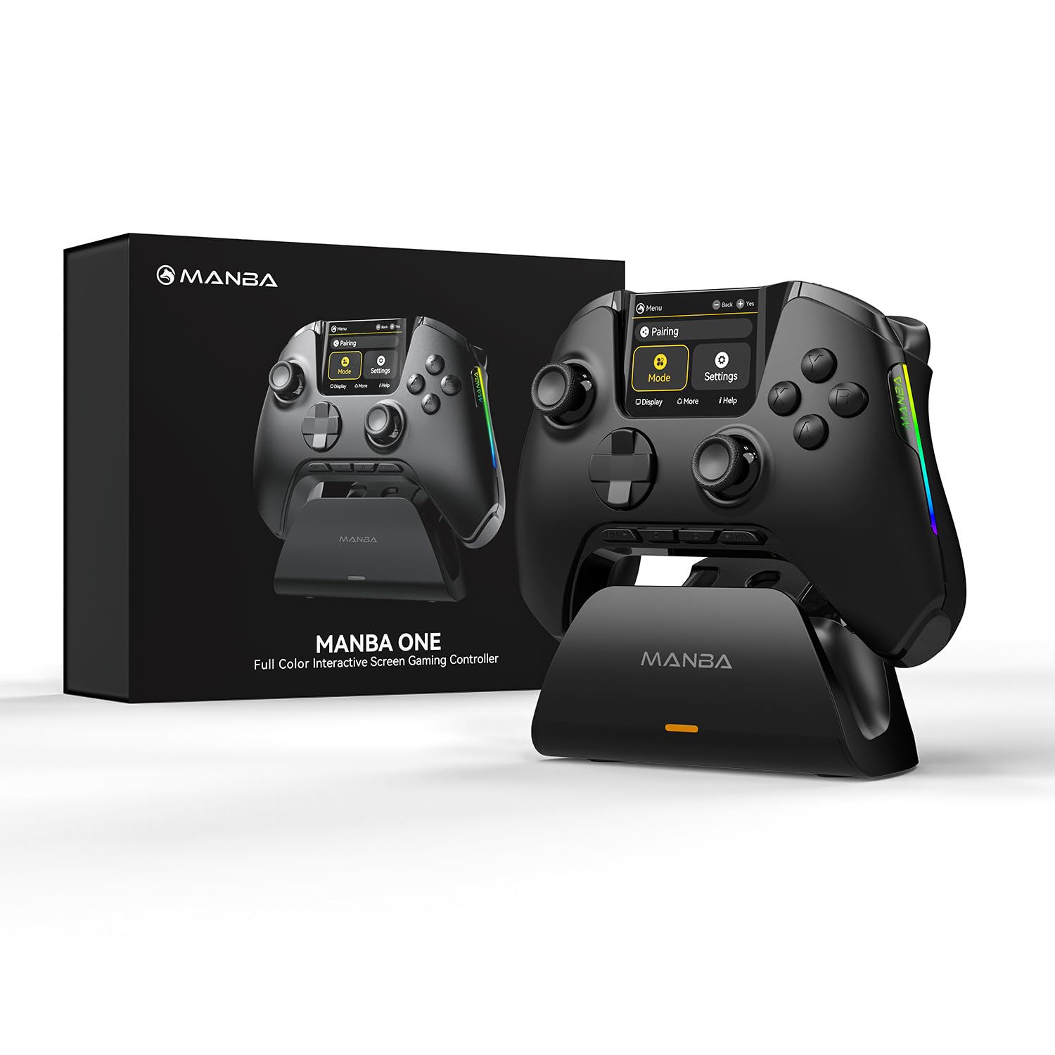 Manba One Built-in Display Wireless Controller for PC/Switch/Switch 2/iOS/Android with Charging Dock,Hall Effect Joystick & Triggers, Adjust RGB Lighting, 1800mAh Battery (Dark Black)