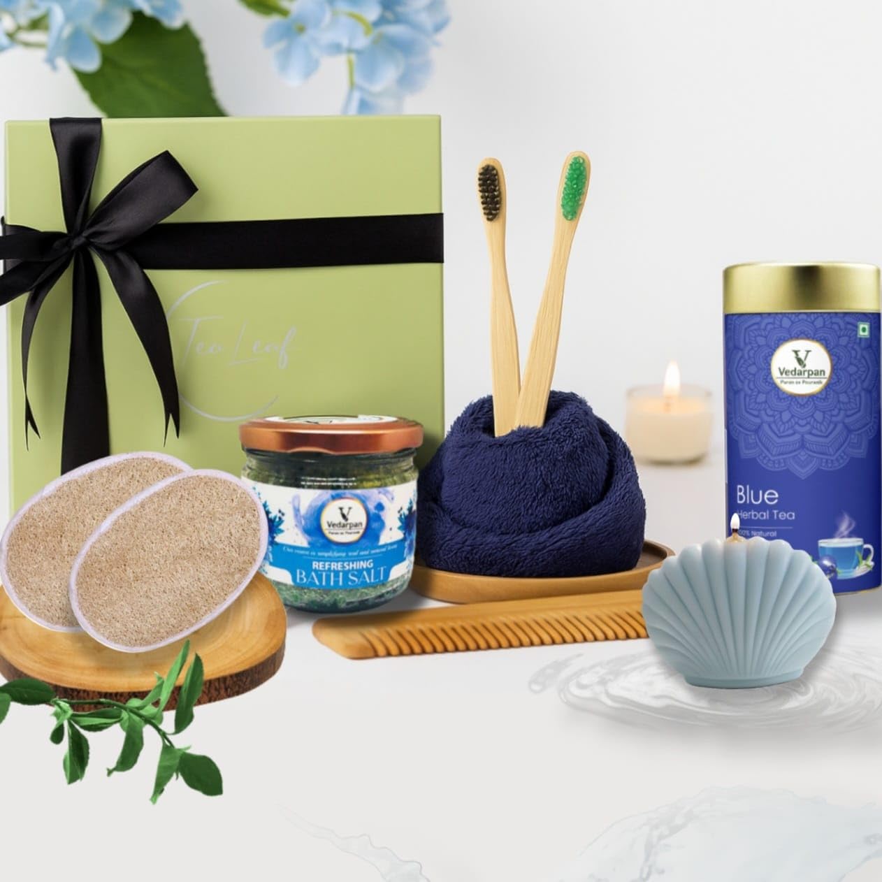 Luxury Spa & Wellness Gift Set with Blue Herbal Tea, Bath Salt, Towel, Bamboo Brush, Neem Comb, Loofah Scrub, Shell Candle-image-47