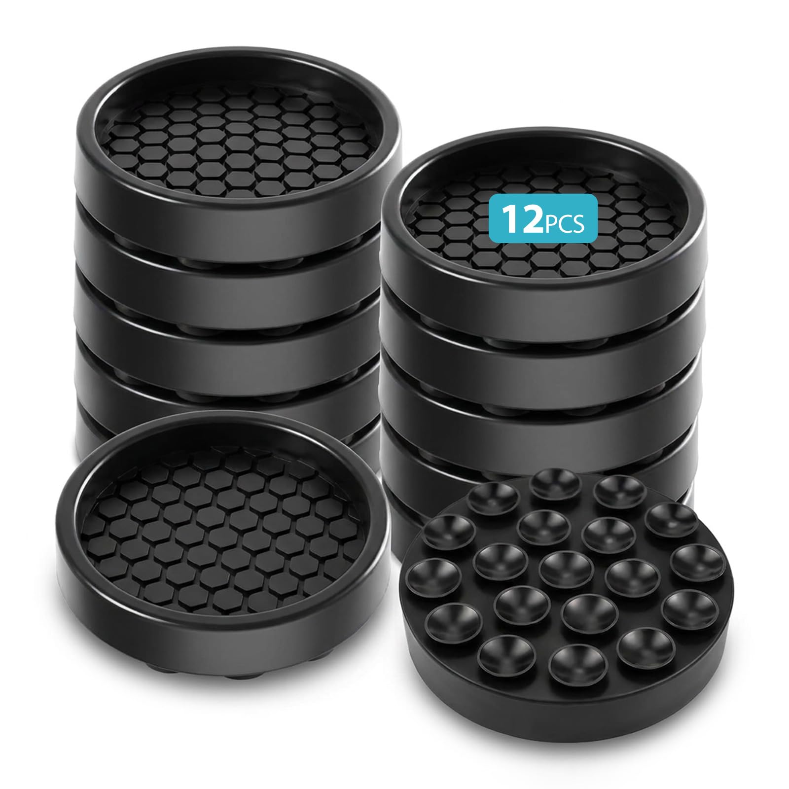 12 PCS Furniture Caster Cups, Round Furniture Coasters, Secure Thick Rubber Furniture Coaster Strong Suction, Chair Leg Floor Protectors Ideal for Hardwood Floors, Bed, Sofa, Couch Stoppers - Black