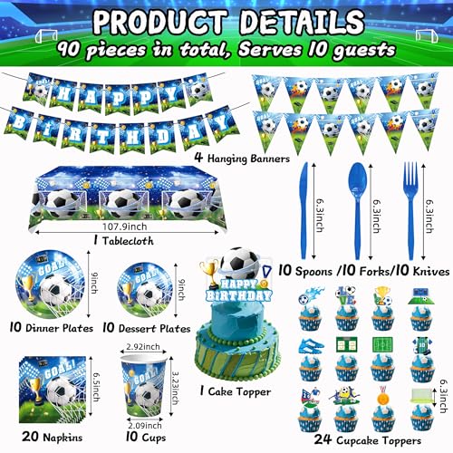 90 Pcs Soccer Champion Happy Birthday Party Supplies Disposable Tableware Set Included Plates, Cutlery, Cups, Napkins, Cake Toppers, Tablecloth, Banner - Serves 10 by VENCUBI - Used condition - Image 5