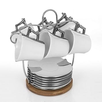 Urban Snackers Porcelain Tea Pot Tea Kettle with 5 Cups and Wooden Serving Tray Coated Tea Cups and Saucer Set with Holder Organizer Stand (Tea Cups Saucer Set with Organizer Stand)