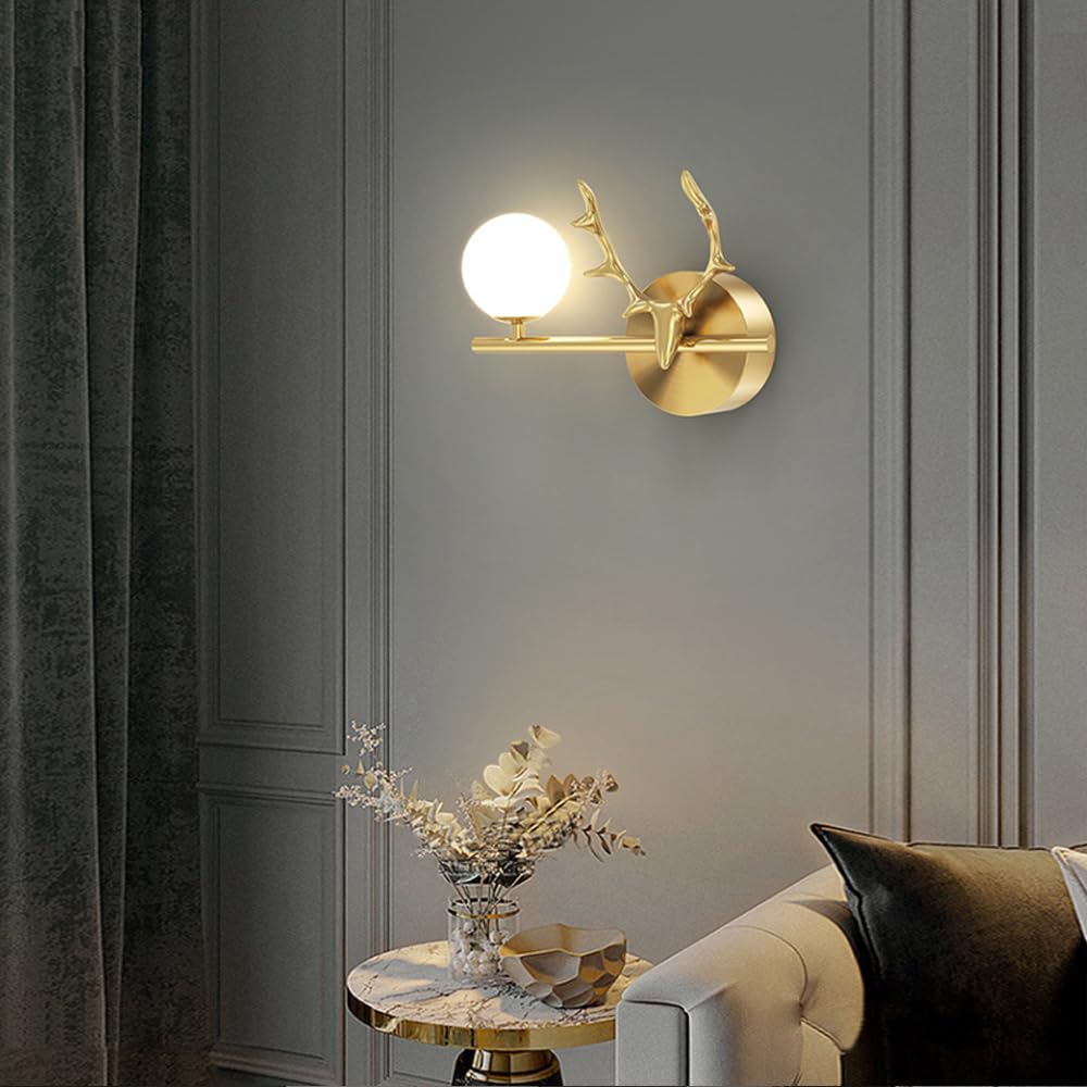 Lámpara de Pared de Cobre con Forma de Cuerno, lámpara de Tubo Largo de latón con Pantalla de Bola de Cristal Blanco, luminaria G4, Aplique Lineal de mesita de Noche, lámparas de d