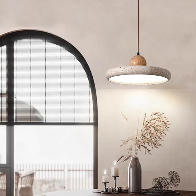 RXPVUXE Wabi Sabi natuurstenen hanglamp ronde LED gele grotsteen hanglamp Scandinavische houten kroonluchter keukeneiland, 28W Japanse stijl gele travertijn plafondhangende lampen photo 2