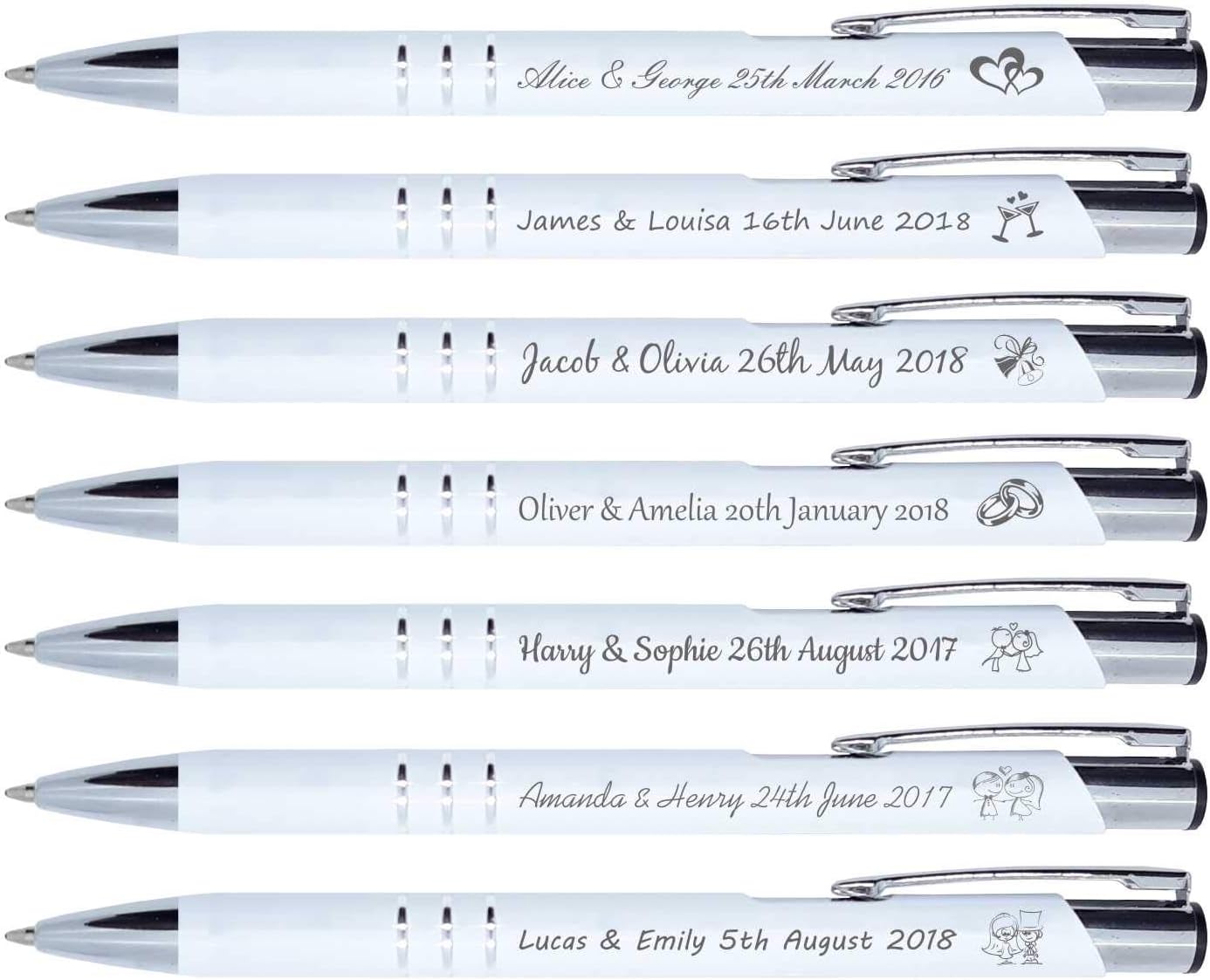 50 Engraved Wedding White Personalised pens. Any Text You Wish. for Various Occasions: Wedding Favours for Guests, Birthday Gifts for her, Gifts for Boyfriends, Friendship Gifts.