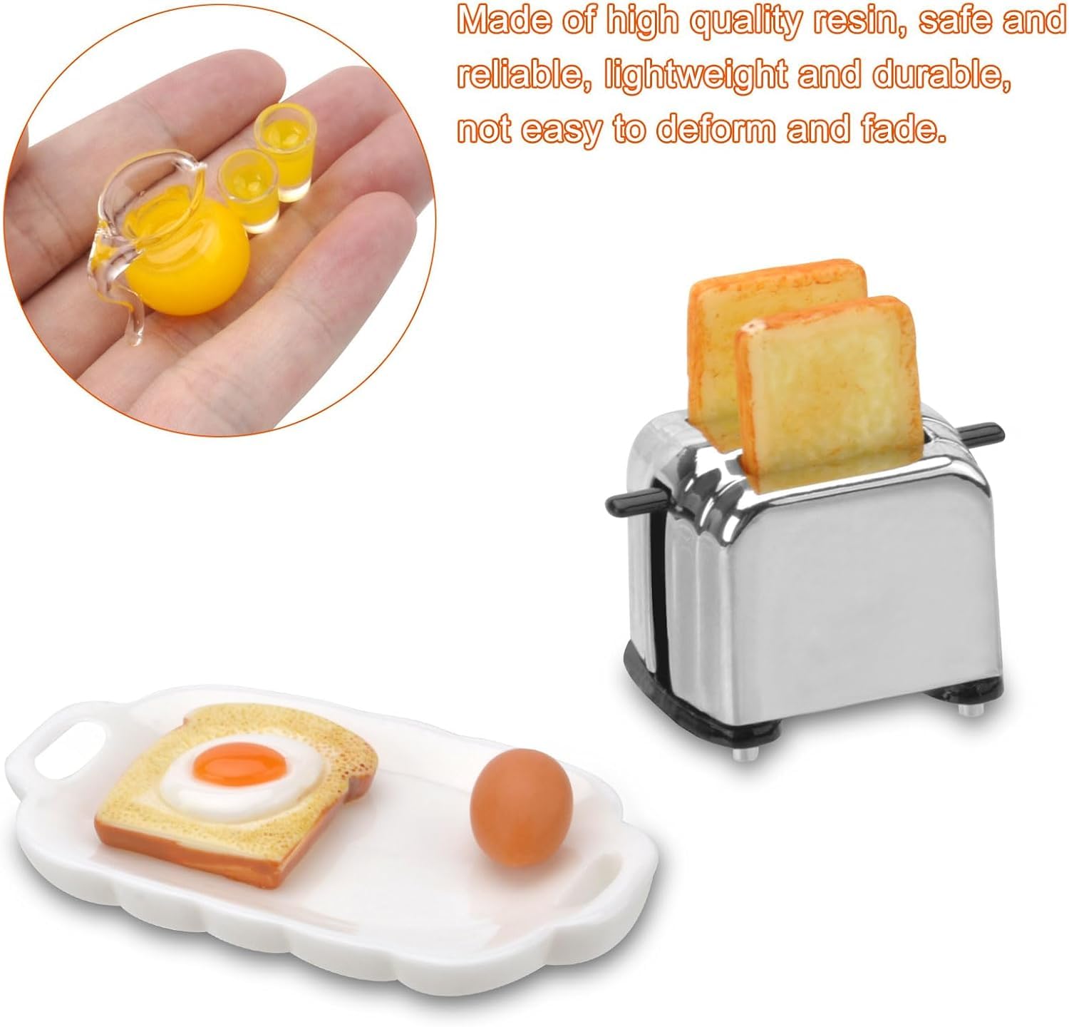 Miniaturowe akcesoria śniadaniowe, akcesoria do domku dla lalek, akcesoria skrzat, naczynia dla lalek, porcelana, miniaturowa kuchnia, mini jedzenie, mini maszyna do tostów, chleb, jajka, filiżanki