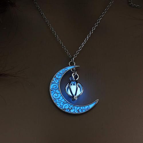 EEQQBZ Collar de Plata con Media Luna y Orbe que Brilla en la Oscuridad - Encanto de Luna Azul Brillante - Collar Mágico de Fantasía de Hadas -