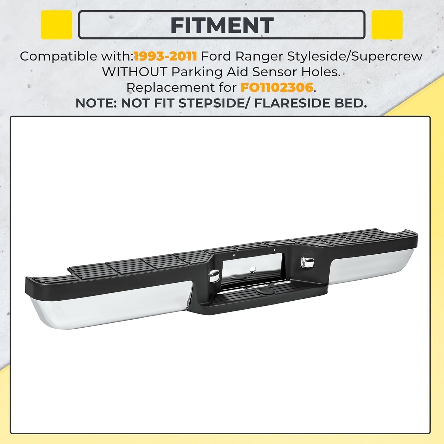 KUAFU Rear Step Bumper Compatible with 1993-2011 Ford Ranger Fleetside/Styleside Supercrew FO1102306 W/O Parking Aid Sensor Holes W/Brackets & License Plate Lights Chrome