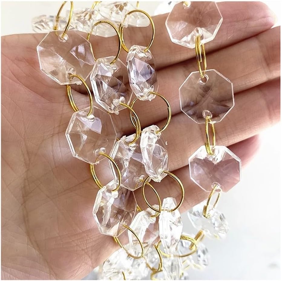 Hanging Crystals Prisms 10 Meter Acrylic 14mm Beads Clear Garland Strand Hanging Bead Curtain Chains for Home Decoration Hangings Crystals for Decoration(Golden Ring)