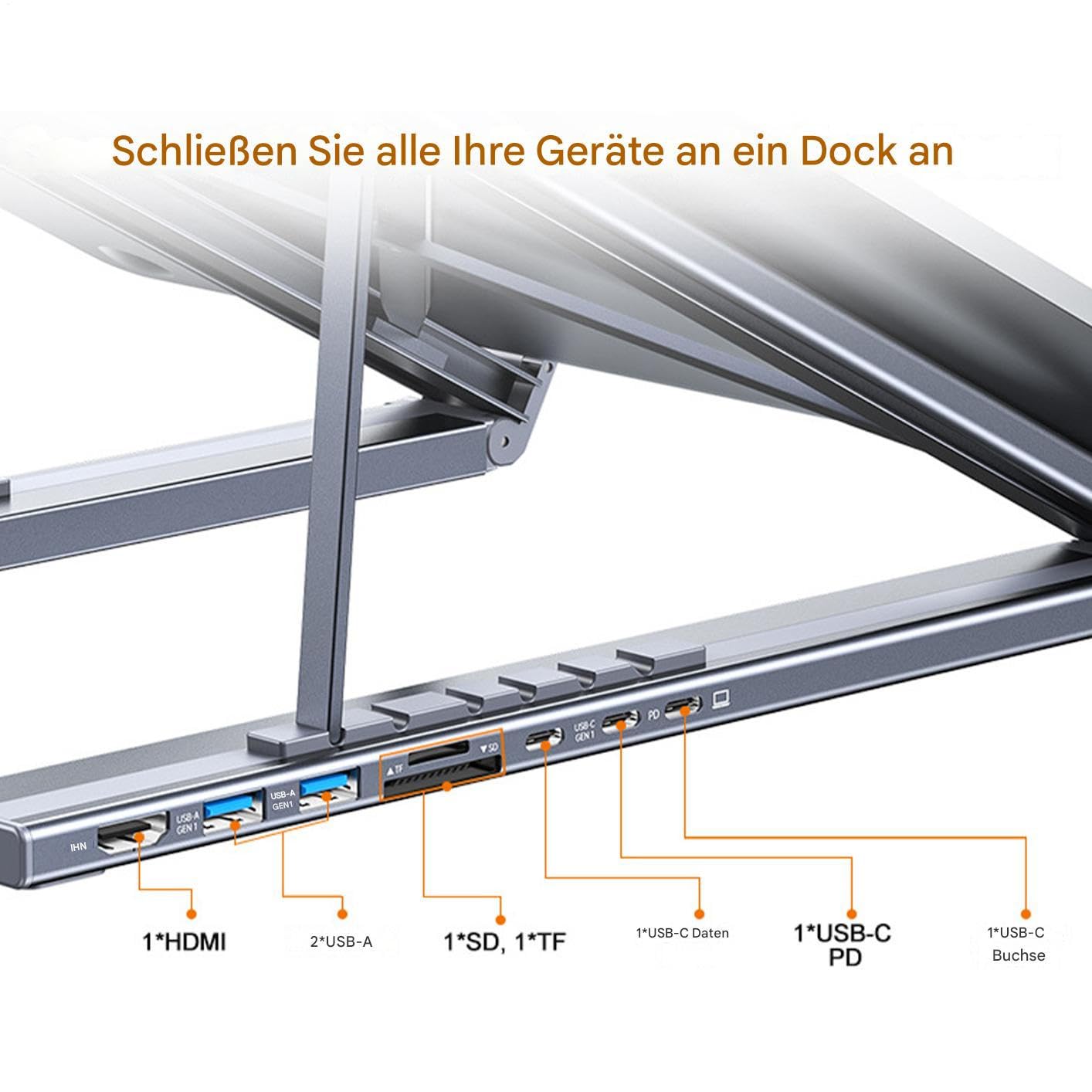 Supporto Con Docking Station Per Laptop Base 8 In 1 Con Hub USB C E | Supporto Ergonomico Portatile per Casa Ufficio Viaggio e Scrivania per Notebook