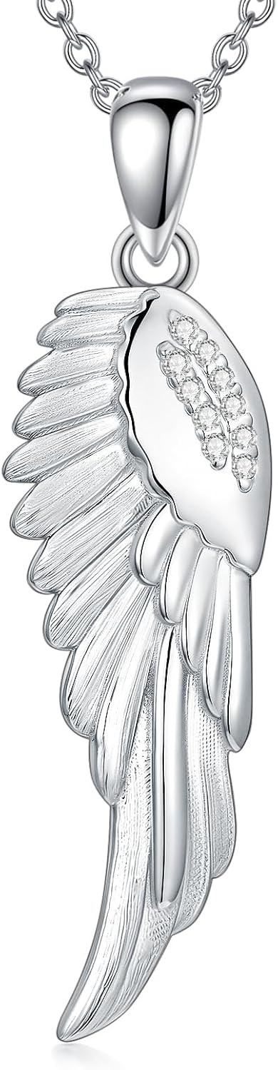 Angel Wing Necklace 925 Sterling Silver Guardian Angel Necklace Wing Diamond Pendant 18+2", Charm Angel Wing Jewelry for Women