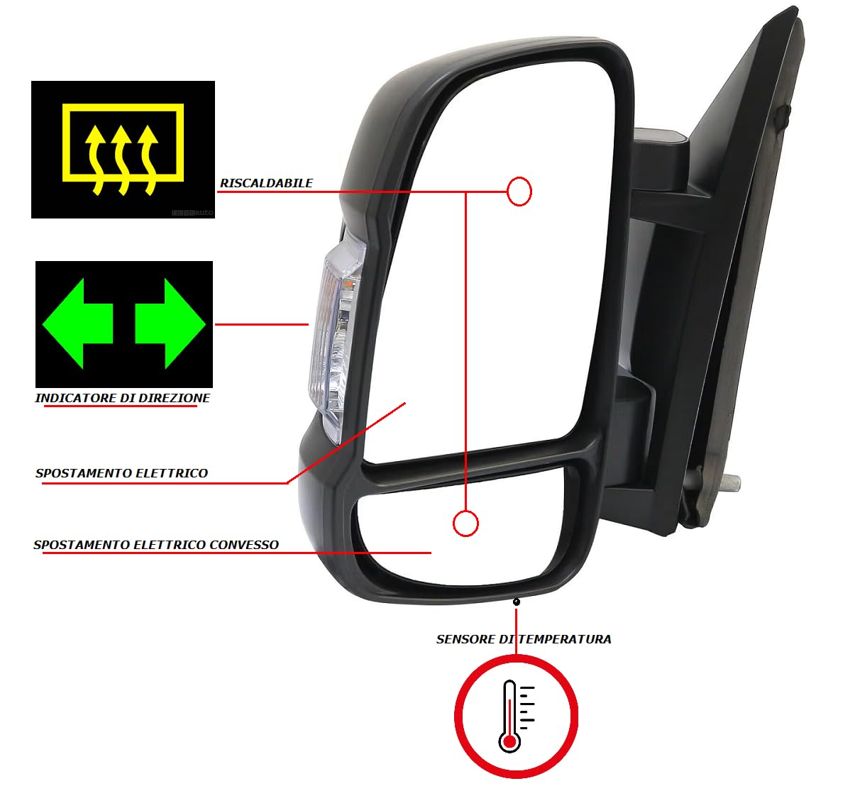 Alta Qualità Aftermarket Specchietto Elettrico Sinistro DUCATO Retrovisore Termico Con Sonda di Temperatura SX Dal 2006-2024 Braccio Corto,Sbrinamento,Freccia