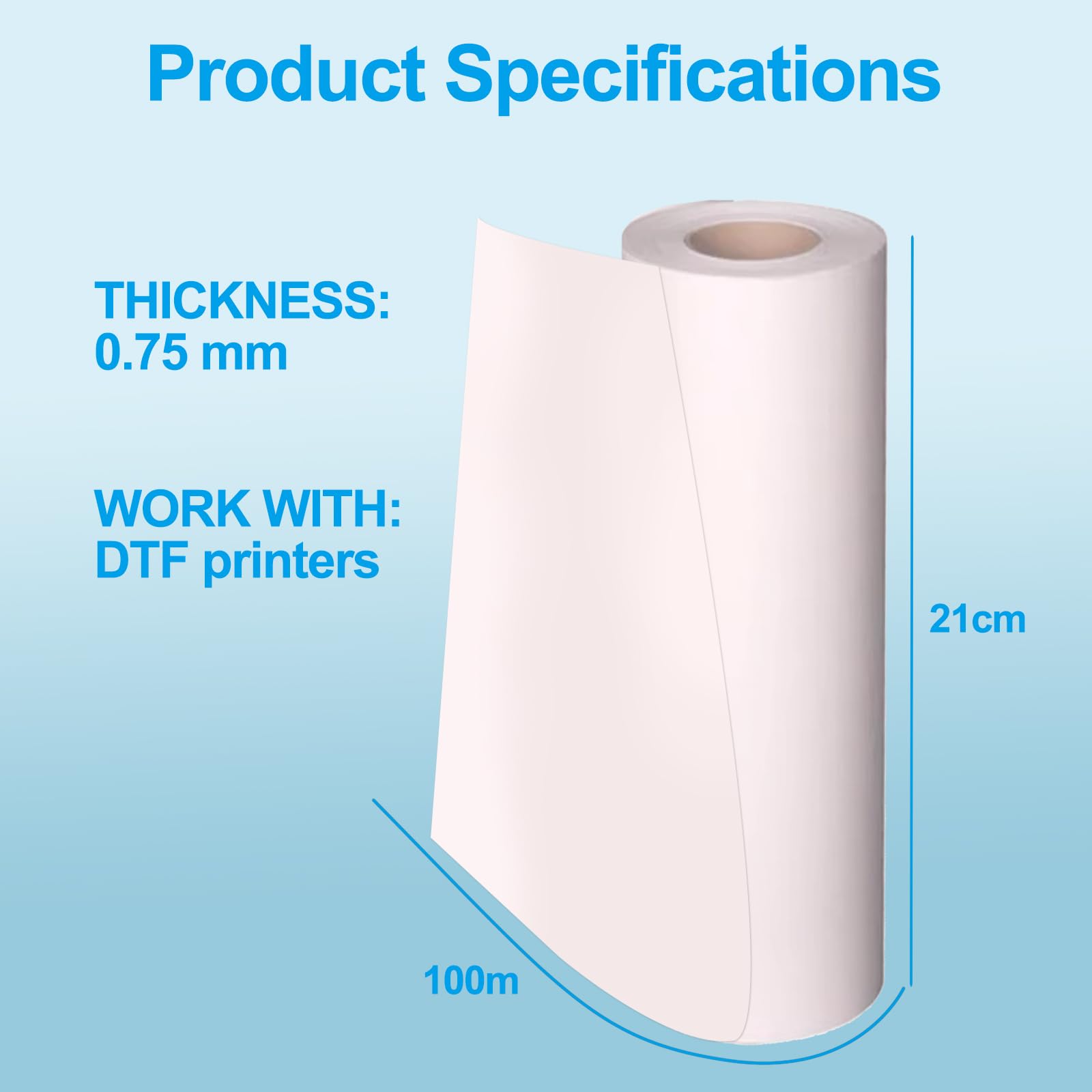 DTF Rouleau de Film de Transfert 21cm x 100m Double Face Rouleau de Film de Transfert DTF Transfert Thermique Pet Film pour Sublimation pour epson Imprimantes Compatible pour T-Shirts,Sacs & Textiles