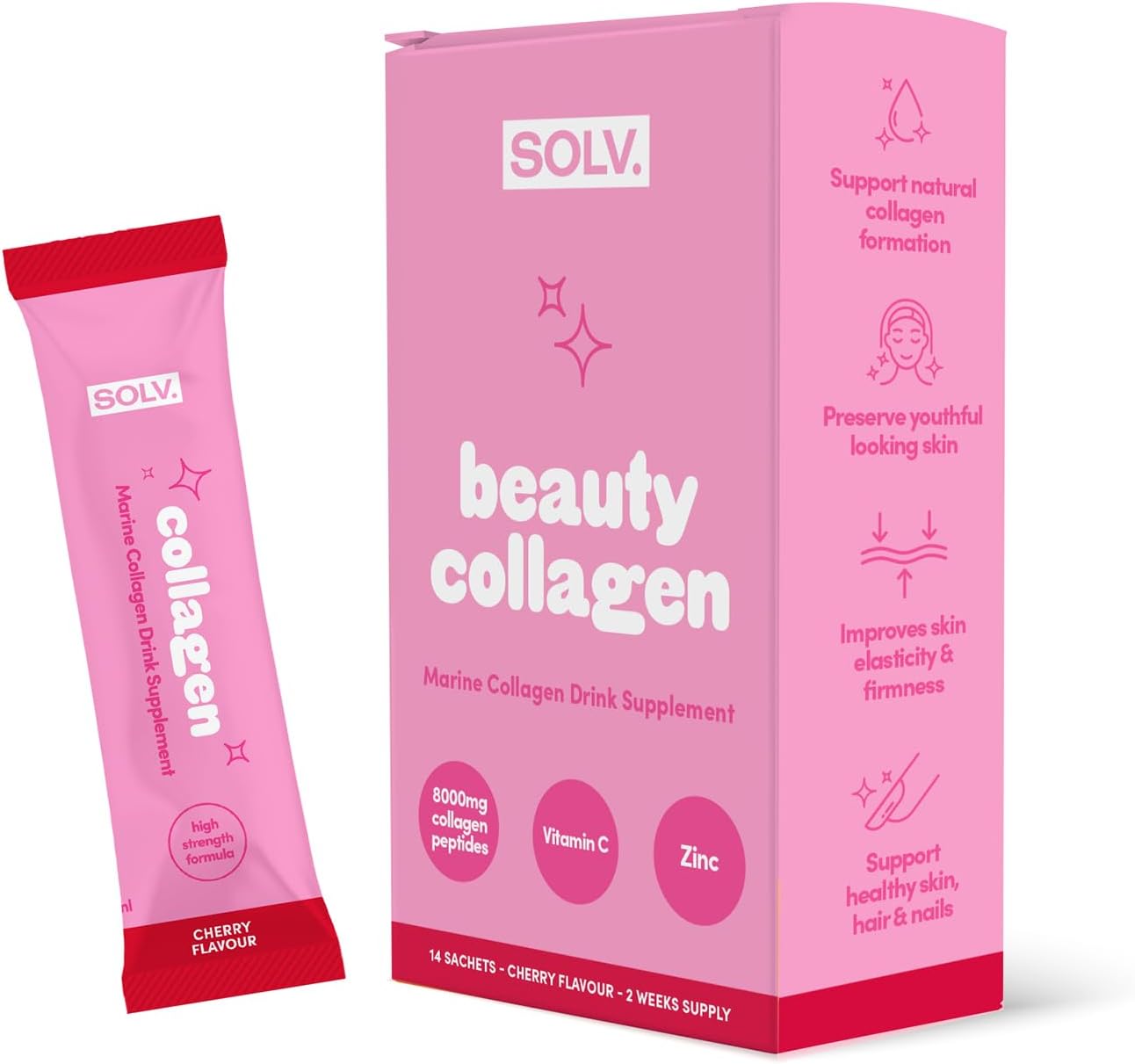 Solv Liquid 8000mg Marine Collagen Peptide Beauty Supplement Gel 14x15ml Sachets High Strength Great Tasting VIT C Biotin. for Skin, Hair, Nails. Firmness, Elasticity Menopause Support (Cherry)