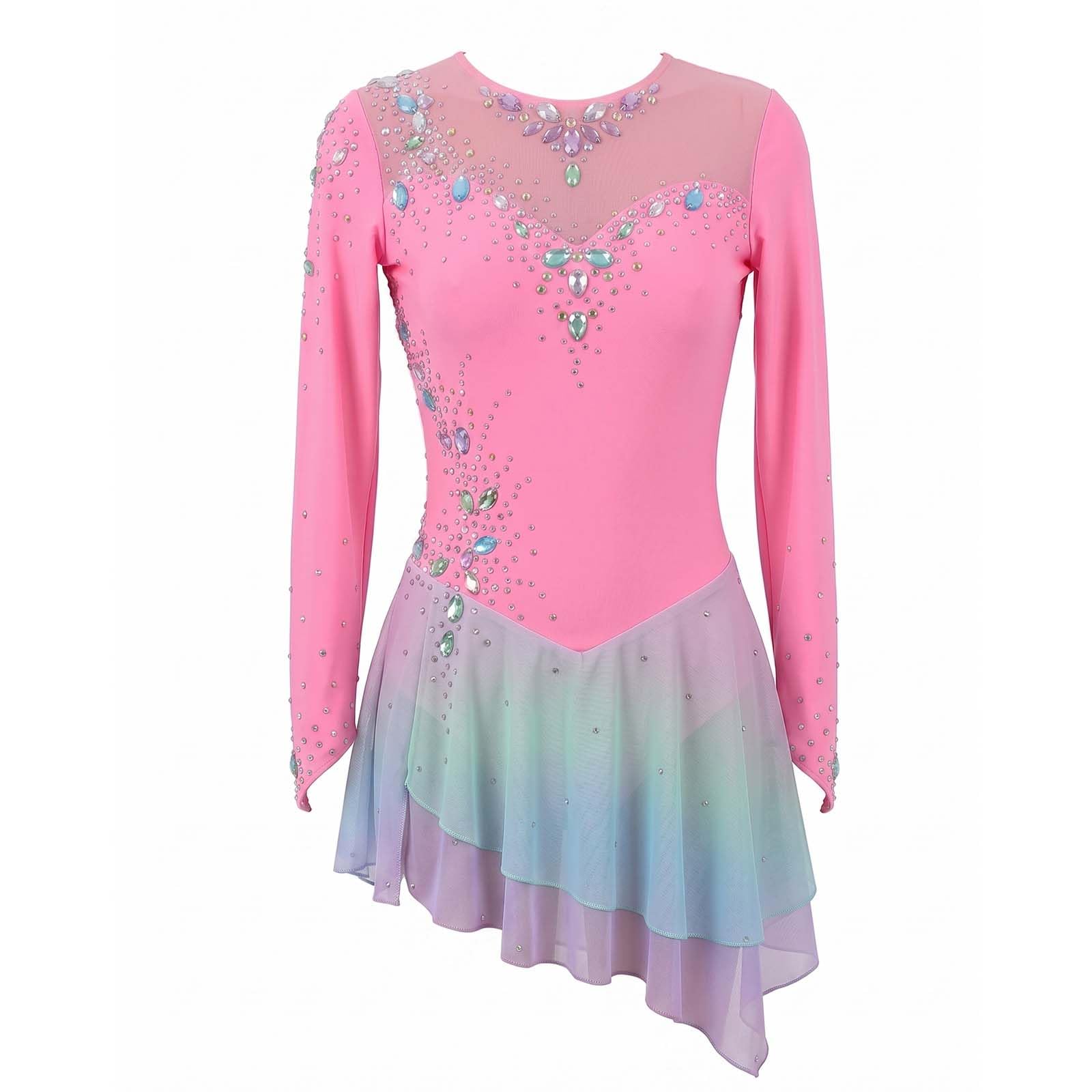 Abito Pattinaggio Artistico Bambina & Donna, Body da Gara con Strass, Costumi da Pattinaggio su Ghiaccio, Manica Lunga per Spettacoli