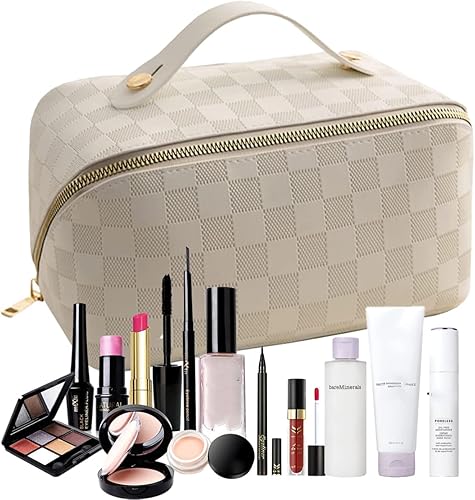 Bolsa de cosméticos de viaje marrón de gran capacidad bolsa de maquillaje a cuadros de piel sintética impermeable bolsa para el cuidado de la piel